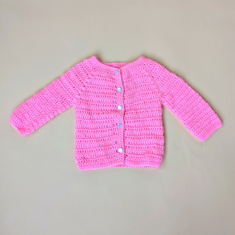 Handmade Baby Sweater, Pink Knit Crocheted, 6-12 M